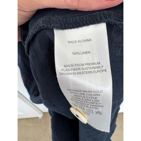 Quince Linen Button Front Short Sleeve Collared Preppy Dress Navy Blue Large - Picture 5 of 6